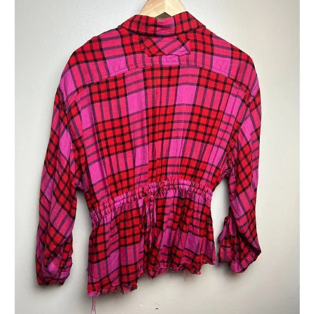 Free People Pacific Dawn Plaid Shirt Hot Pink Red Plaid Snap Button Down Sz. XS